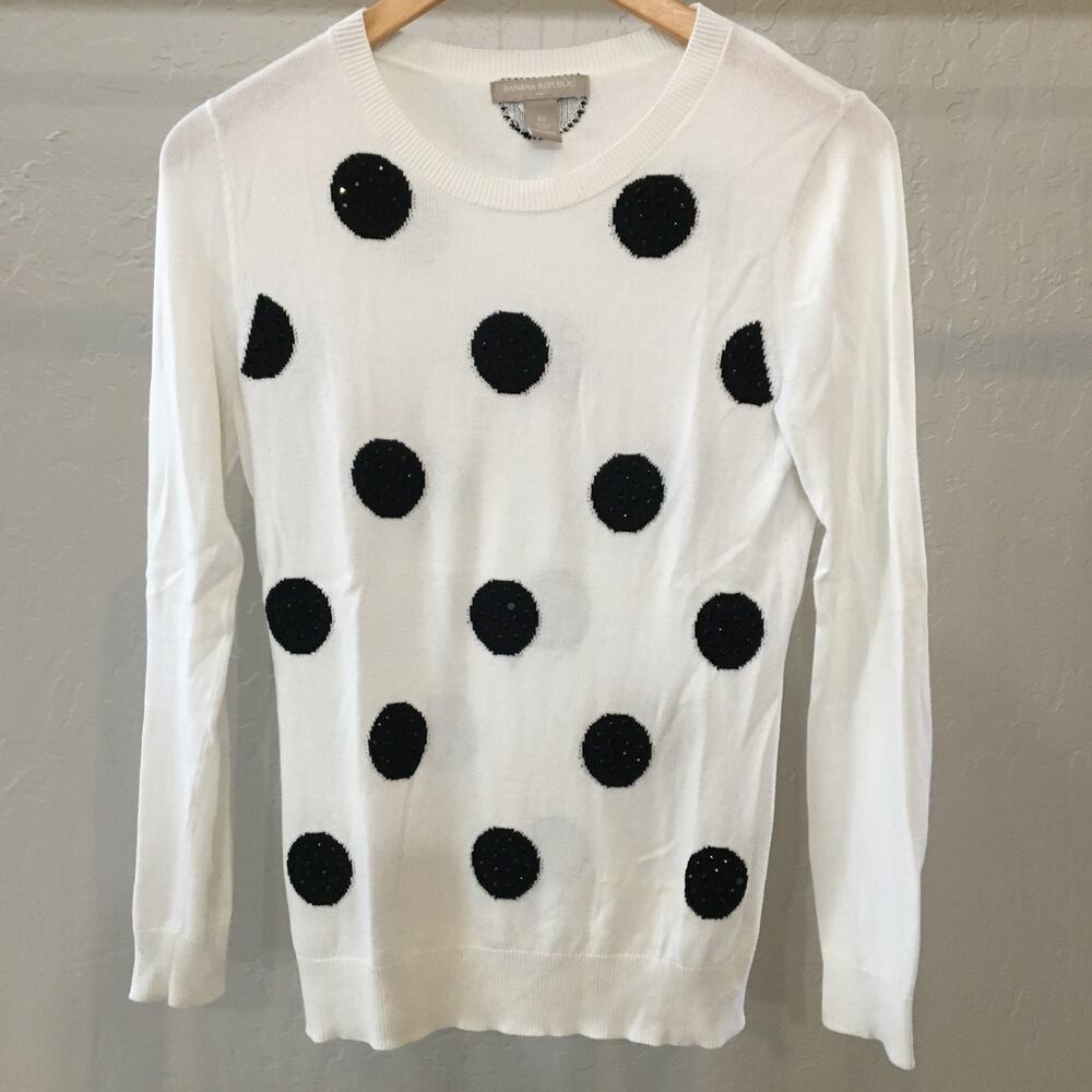 Banana Republic Women's Size XS Sweater Crew Cream Black Embellished Polka Dots